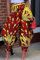 Pantalones con estampado completo de farol de cintura alta sueltos de patchwork de vendaje con estampado de calle rojo