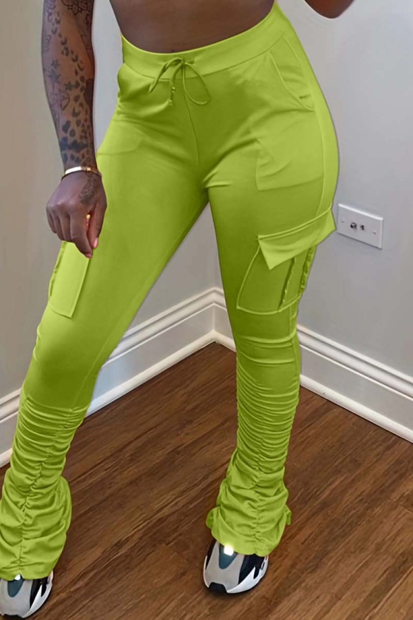 Vert Fluorescent Solide Patchwork Pli Décontracté Maigre Taille Haute Classique Bas de Couleur Unie