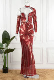 赤のエレガントなソリッド中空アウト スパンコール パッチワーク タートルネックのイブニング ドレス ドレスの半分