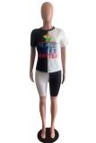 White Casual Letter Print Patchwork O Neck Short Sleeve Two Pieces