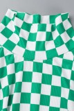 Verde casual estampa xadrez básica meia gola alta manga curta duas peças