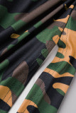 Army Green Casual Street Print Camouflage Print Patchwork Slit O Neck Dresses