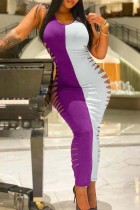 Фиолетовые сексуальные повседневные сплошные выдолбленные платья в стиле пэчворк с круглым вырезом