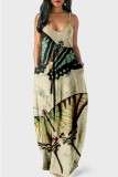Абрикосовое сексуальное повседневное длинное платье с принтом бабочки и открытой спиной на тонких бретелях