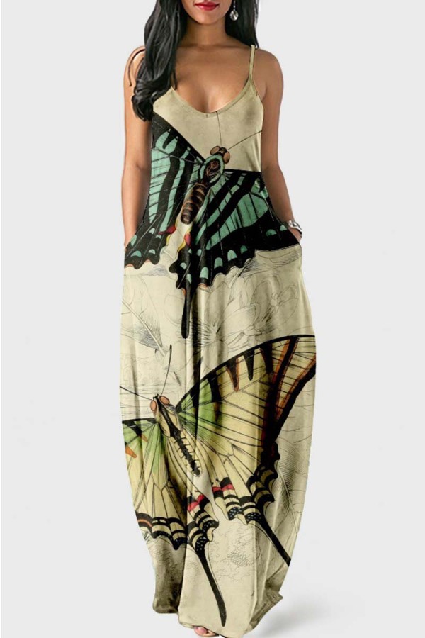 Abricot clair Sexy Casual Butterfly Print Backless Spaghetti Strap Long Dress Robes