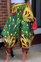 Pantalones con estampado completo de farol de cintura alta sueltos de patchwork de vendaje con estampado de calle verde