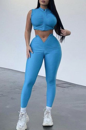 Blue Casual Sportswear Solid Patchwork Zipper Collar Sleeveless Two Pieces