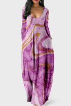 Purple Casual Print Basic V Neck Long Sleeve Dresses