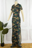 Army Green Casual Street Print Camouflage Print Patchwork Slit O Neck Dresses