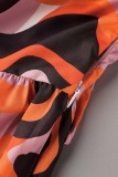 Oranje casual print patchwork turndown kraag jurken met lange mouwen (zonder riem)