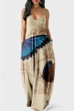 Vestido longo casual com estampa de borboleta leve damasco e alça espaguete nas costas