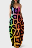 Vestidos longos roxos sexy com estampa de leopardo sem costas e alça fina