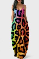 Цветное сексуальное повседневное длинное платье с леопардовым принтом и открытой спиной на тонких бретелях