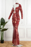 Rojo elegante sólido ahuecado hacia fuera lentejuelas patchwork medio cuello alto vestido de noche Vestidos