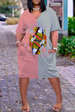 Geelpaarse casual straatprint patchwork V-hals rechte jurken
