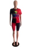 Red Casual Letter Print Patchwork O Neck Short Sleeve Two Pieces