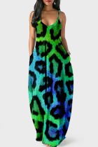 Grüne sexy beiläufige Druck-Leopard-rückenfreie Spaghetti-Bügel-lange Kleid-Kleider