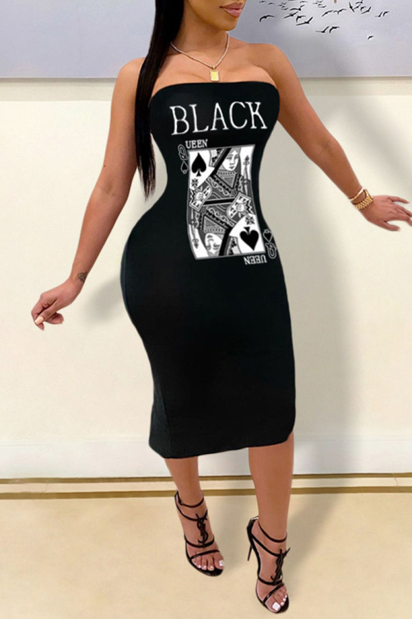 Black Sexy Print Patchwork Strapless Printed Dress Dresses