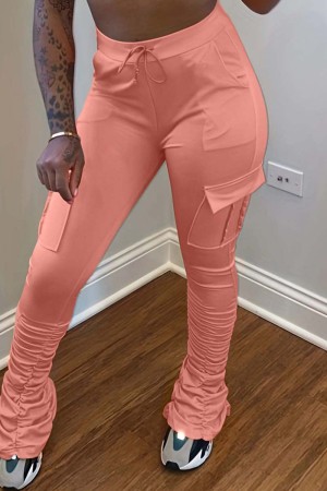 Розовые повседневные однотонные облегающие однотонные брюки с высокой талией и высокой талией в стиле пэчворк