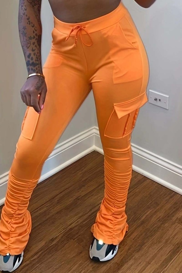 Оранжевые повседневные однотонные облегающие однотонные брюки с завышенной талией и высокой талией в стиле пэчворк