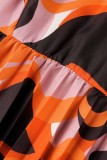 オレンジ カジュアル プリント パッチワーク ターンダウン カラー ロング スリーブ ドレス (ベルトなし)