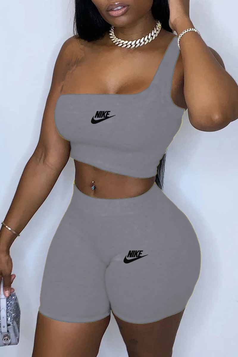 

Grey Street Print Letter One Shoulder Sleeveless Two Pieces