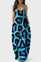 Vestido longo azul sexy com estampa de leopardo sem costas e alça fina