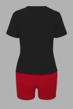 Negro rojo casual estampado patchwork cuello redondo manga corta dos piezas