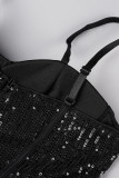 Noir Sexy Solide Paillettes Patchwork Plumes Spaghetti Strap Sling Robe Robes