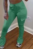 Verde fluorescente Casual Solido Patchwork Fold Skinny Vita alta Pantaloni tinta unita convenzionali