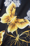 Schwarz Gold Elegant Print Patchwork V-Ausschnitt Abendkleid Kleider
