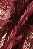Rojo elegante sólido ahuecado hacia fuera lentejuelas patchwork medio cuello alto vestido de noche Vestidos