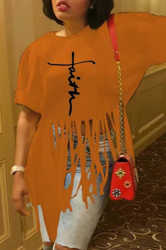 Orange Yellow Casual Print Tassel Patchwork O Neck T-Shirts