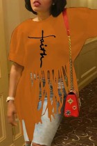 オレンジ イエロー カジュアル プリント タッセル パッチワーク O ネック Tシャツ