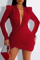 Rote, sexy, feste Patchwork-Kleider mit V-Ausschnitt und langen Ärmeln