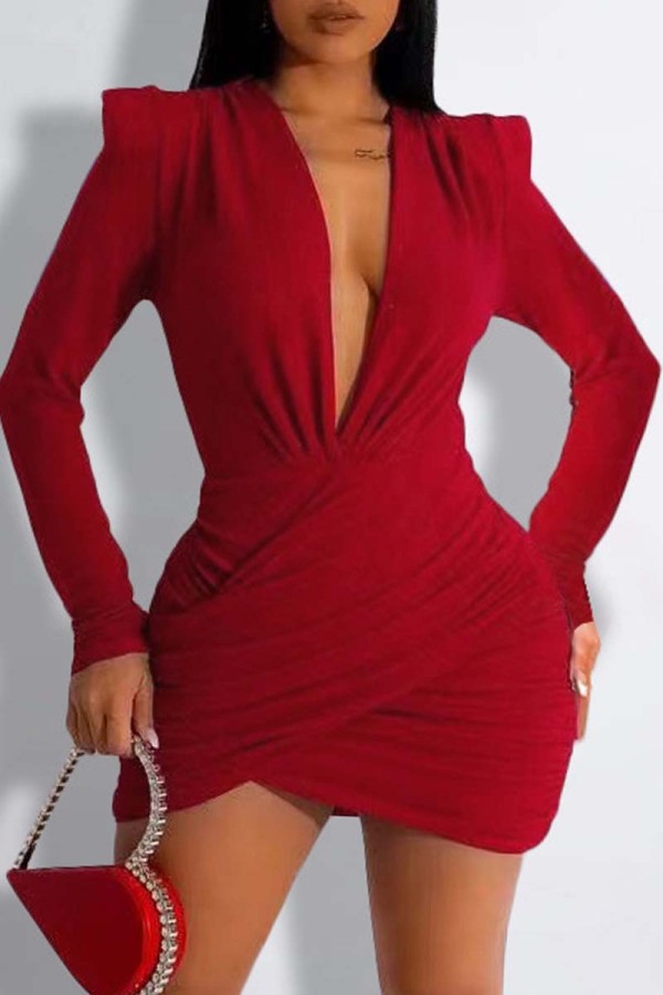 Röda Sexiga Solid Patchwork V-hals långärmade klänningar