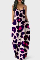 紫のセクシーなカジュアル プリント ヒョウ バックレス スパゲッティ ストラップ ロング ドレス ドレス