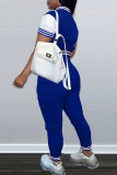 ブルー カジュアル ソリッド 刺繍 パッチワーク カーディガン 襟 半袖 XNUMXピース