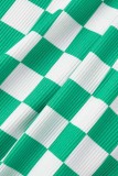 Verde casual estampa xadrez básica meia gola alta manga curta duas peças