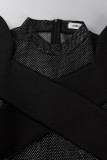Black Street Solid Patchwork See-through O Neck Long Sleeve Two Pieces