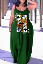 Зеленое сексуальное повседневное длинное платье с вырезом на спине и бретельками с принтом Платья