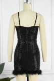 Black Sexy Solid Sequins Patchwork Feathers Spaghetti Strap Sling Dress Dresses
