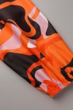 Vestidos de manga larga con cuello vuelto y patchwork con estampado informal naranja (sin cinturón)