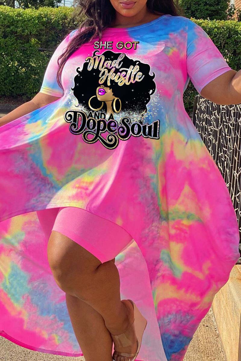 

Pink Black Fashion Casual Print Tie-dye O Neck Plus Size Two Pieces