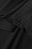 O collo asimmetrico patchwork con stampa casual nera Plus Size Due pezzi