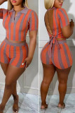 Tangerine Sexy Striped Print Bandage Patchwork Backless Turndown Collar Manica corta Due pezzi
