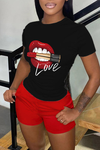 Black Red Casual Print Patchwork O Neck Short Sleeve Two Pieces