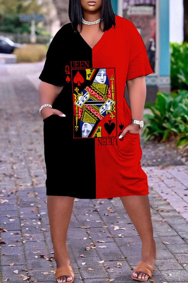 Черные красные повседневные прямые платья с уличным принтом в стиле пэчворк с V-образным вырезом