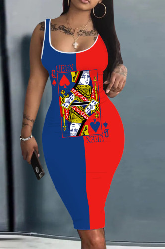 Blue Red Casual Street Print Patchwork U Neck Pencil Skirt Dresses