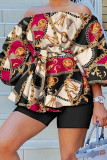 Colour Casual Print Patchwork Off the Shoulder Long Sleeve Two Pieces